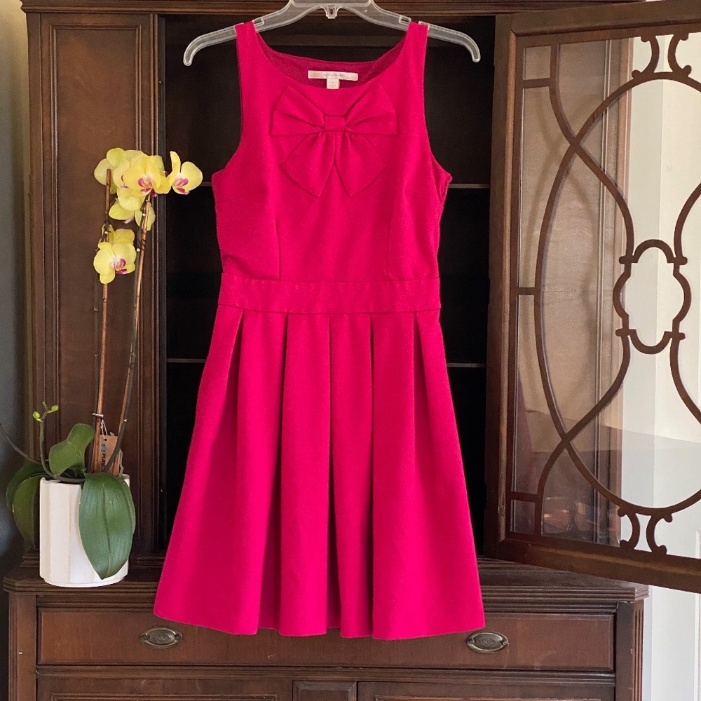 LC Lauren Conrad I Bright Pink Fit & Flare Sleeveless Big Bow Pleated Dress